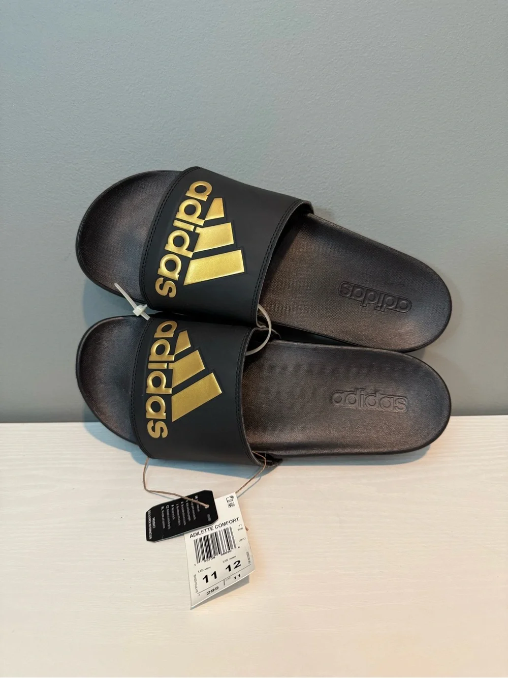 adidas Black Slides with Metallic Gold Logo NWT no box